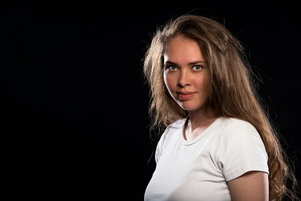 Studio Fashion Portrait Modern Girl Wearing White Top Black Wall — Stock Photo, Image