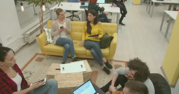 Jonge Collega Gesprek Een Project Lounge — Stockvideo