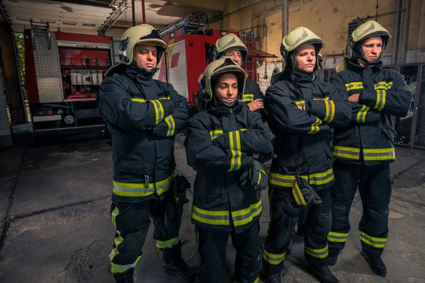 Group Firefighters Standing Confident Arms Crossed Firemen Ready Emergency Service — Stock Photo, Image