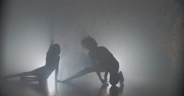 Grupp Multirasistiska Dansare Som Har Konceptuell Dans Sin Dimmiga Studio — Stockvideo