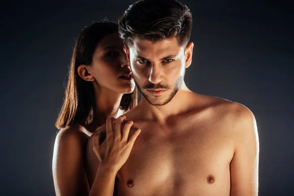Sensual Loving Man Woman Posing Topless Black Background — Stock Photo, Image