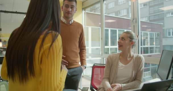 Multirassische Mitarbeiter Unterhalten Sich Über Ihre Bisherige Arbeit Ihrem Büro — Stockvideo