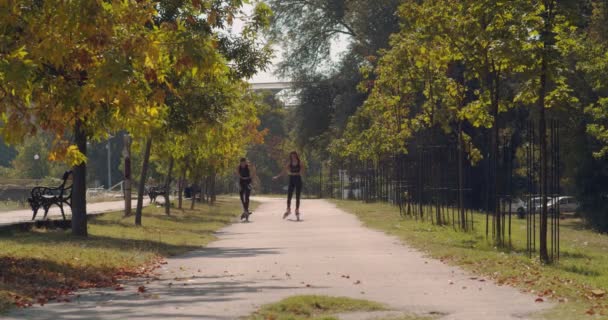 Δύο Κορίτσια Πατινάζ Στο Πάρκο Μια Ηλιόλουστη Μέρα — Αρχείο Βίντεο