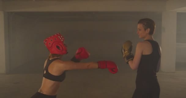 Zwei Starke Mädchen Üben Mit Handschuhen — Stockvideo