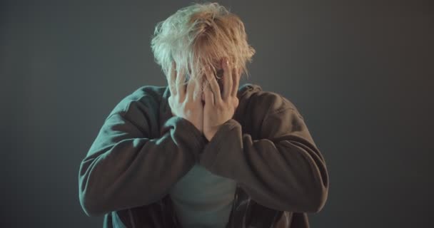 Young Blonde Boy Crying Breathing Hard Because His Depression — Stock Video