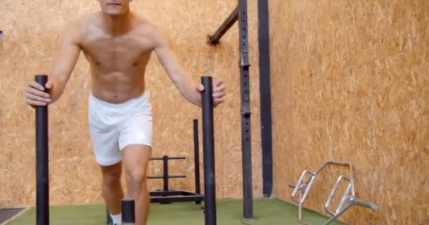 Yakışıklı Formda Adam Spor Salonunda Spor Yaparken Üstsüz Olarak Spor — Stok video