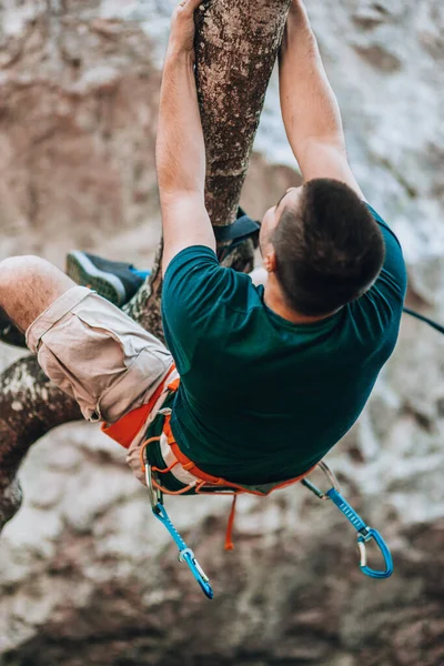 Jovem Escalando Uma Árvore Floresta — Fotografia de Stock