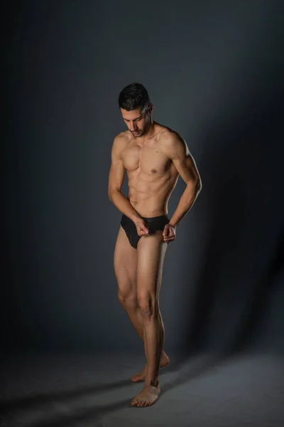 Sexy Man Muscular Body Posing Naked Black Underpants Studio — Stock Photo, Image