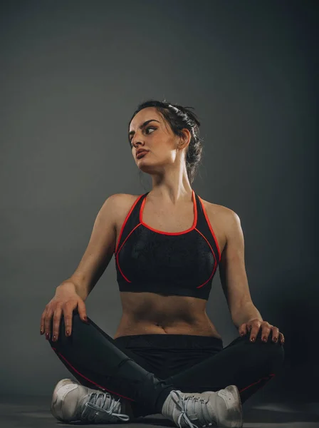 Great Progress Young Beautiful Woman Sportswear Doing Stretching While Sitting — Stock Photo, Image