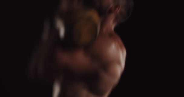 Close Video Strong Topless Guy Lifting Dumbbell While Putting Take — Stock Video