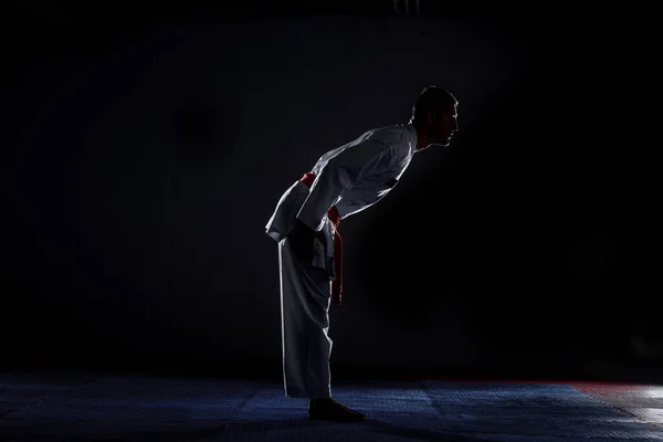 Karatê Homem Com Cinto Vermelho Posando Campeão Mundo Fundo Preto — Fotografia de Stock