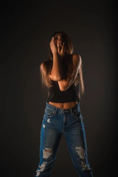 Attractive Beautiful Girl Touching Herself While Posing Studio — Stock Photo, Image