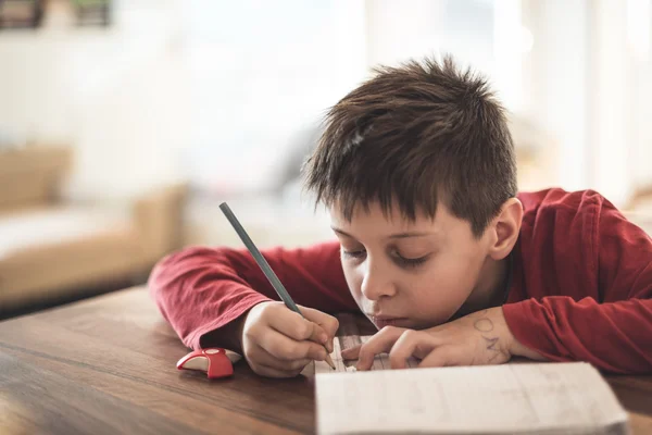 Chico haciendo la tarea a regañadientes — Foto de Stock