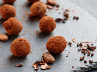 Handmade chocolate truffles natural cocoa beans