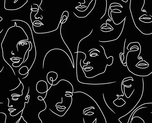 Abstract drawing of women\'s faces with black lines on a white background.Seamless pattern.
