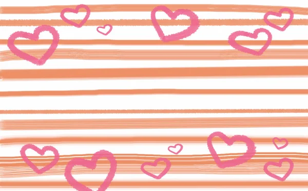 Valentinstag Hintergrund Mit Ungleichmäßigen Querliegenden Orangen Streifen Und Roten Herzen — Stockfoto