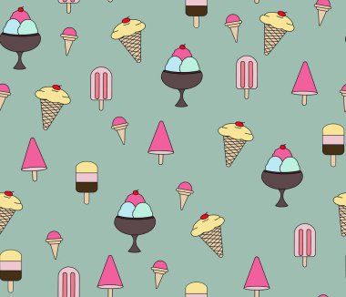 Yeşil arka planda farklı dondurma çeşitleri çizmek, yaz tatlıları. Kusursuz bir arka plan..