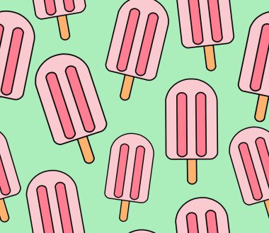 Yeşil arka planda farklı dondurma çeşitleri çizmek, yaz tatlıları. Kusursuz bir arka plan..