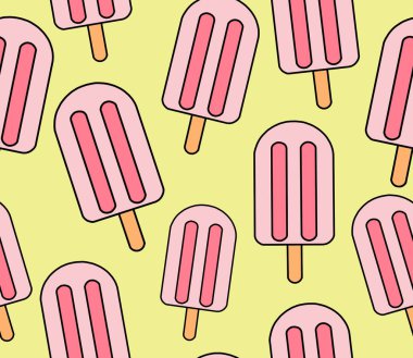 Sarı arka planda farklı dondurma çeşitleri çizmek, yaz tatlıları. Kusursuz bir arkaplan..