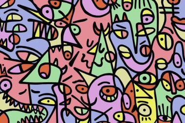 Farklı renklere boyanmış siyah çizgilerin soyut çizimi. Arka plan ve dokular..