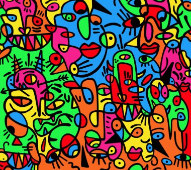 Farklı renklere boyanmış siyah çizgilerin soyut çizimi. Arka plan ve dokular..