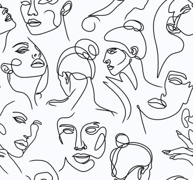 Beyaz arka planda siyah çizgileri olan kadınların soyut çizimleri. Kusursuz desen..