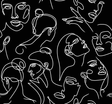 Siyah arka planda beyaz çizgileri olan kadınların soyut çizimleri. Kusursuz desen.