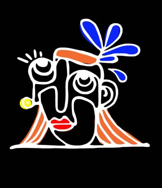 Pop renkleriyle boyanmış geometrik şekillerin soyut sürrealite resimli yüzü. Siyah bir arkaplanda izole edilmiş..