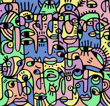 Farklı renklere boyanmış siyah çizgilerin soyut çizimi. Arka plan ve dokular..