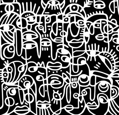 Siyah arka planda siyah beyaz kadın yüzü deseni, soyut tasarım