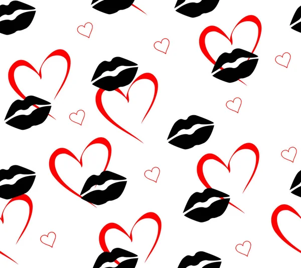 Zeichnen Von Lippen Und Roten Herzen Verschiedenen Größen Nahtloses Muster — Stockfoto