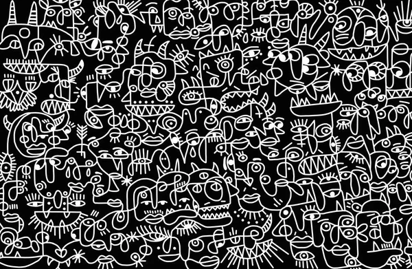 Black and white cartoon pattern on black background, abstract design