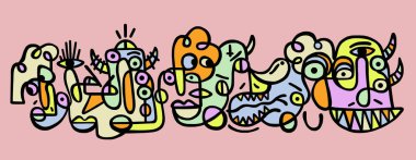 Farklı renklere boyanmış siyah çizgilerin soyut çizimi. Arka plan ve dokular.