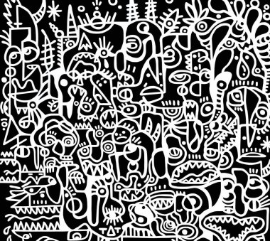 Siyah arkaplanda siyah beyaz çizgi film deseni, soyut tasarım