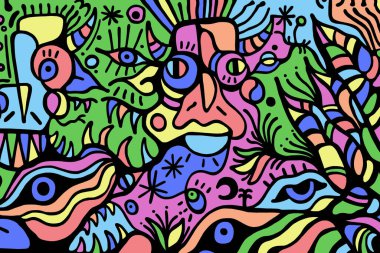 Farklı renklere boyanmış siyah çizgilerin soyut çizimi. Arka plan ve dokular.