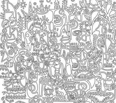 Beyaz arkaplanda siyah beyaz çizgi film deseni, soyut tasarım