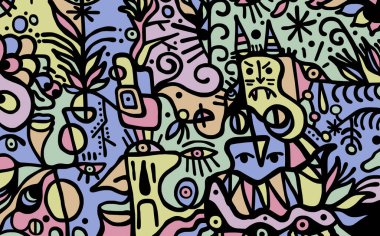 Farklı renklere boyanmış siyah çizgilerin soyut çizimi. Arka plan ve dokular..