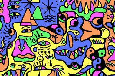 Farklı renklere boyanmış siyah çizgilerin soyut çizimi. Arka plan ve dokular.