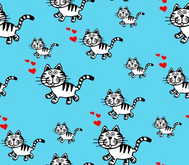 Mavi arka planda kırmızı kalpleri olan siyah çizgilerle çizilmiş bir kedi. Kusursuz bir desen..
