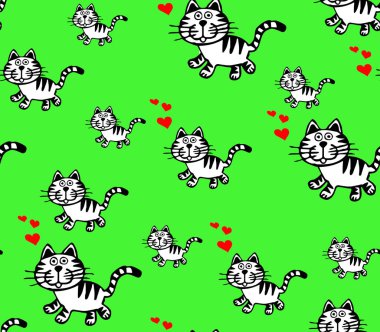 Yeşil arka planda kırmızı kalpleri olan siyah çizgilerle çizilmiş bir kedi. Kusursuz desen..