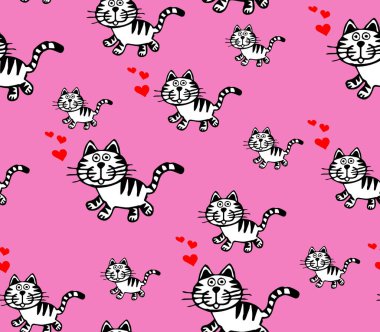 Pembe arka planda kırmızı kalpleri olan siyah çizgilerle çizilmiş bir kedi. Kusursuz desen..