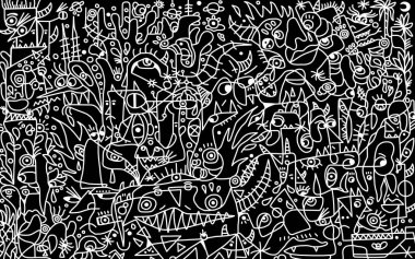 Siyah arkaplanda siyah beyaz çizgi film deseni, soyut tasarım