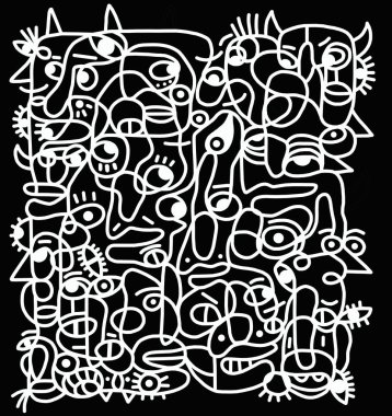 Siyah arkaplanda siyah beyaz çizgi film deseni, soyut tasarım