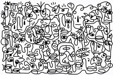 Beyaz arkaplanda siyah beyaz çizgi film deseni, soyut tasarım