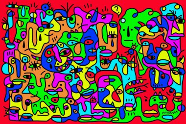 Farklı renklere boyanmış siyah çizgilerin soyut çizimi. Arka plan ve dokular.