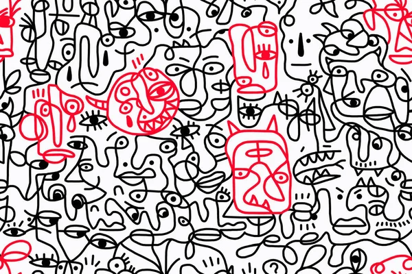 Black and white pattern on a white background with highlighted red cartoon faces, abstract design.Seamless drawing.