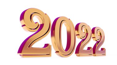 Altın 2022 yılı beyaz arka planda izole edilmiş. 3B illüstrasyon.