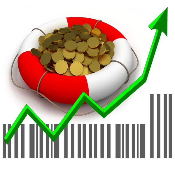 Coins in lifesaver and business chart — Stock Photo, Image