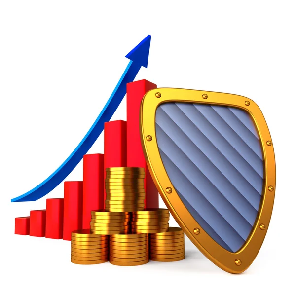 Coins chart and shield — Stok fotoğraf