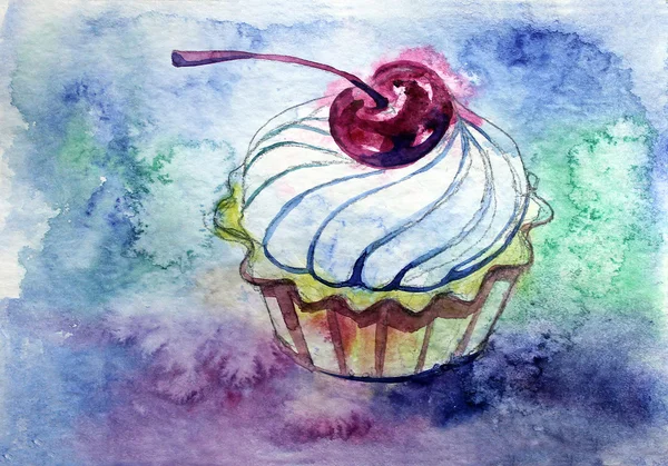 Cupcake con cereza sobre fondo azul . — Foto de Stock